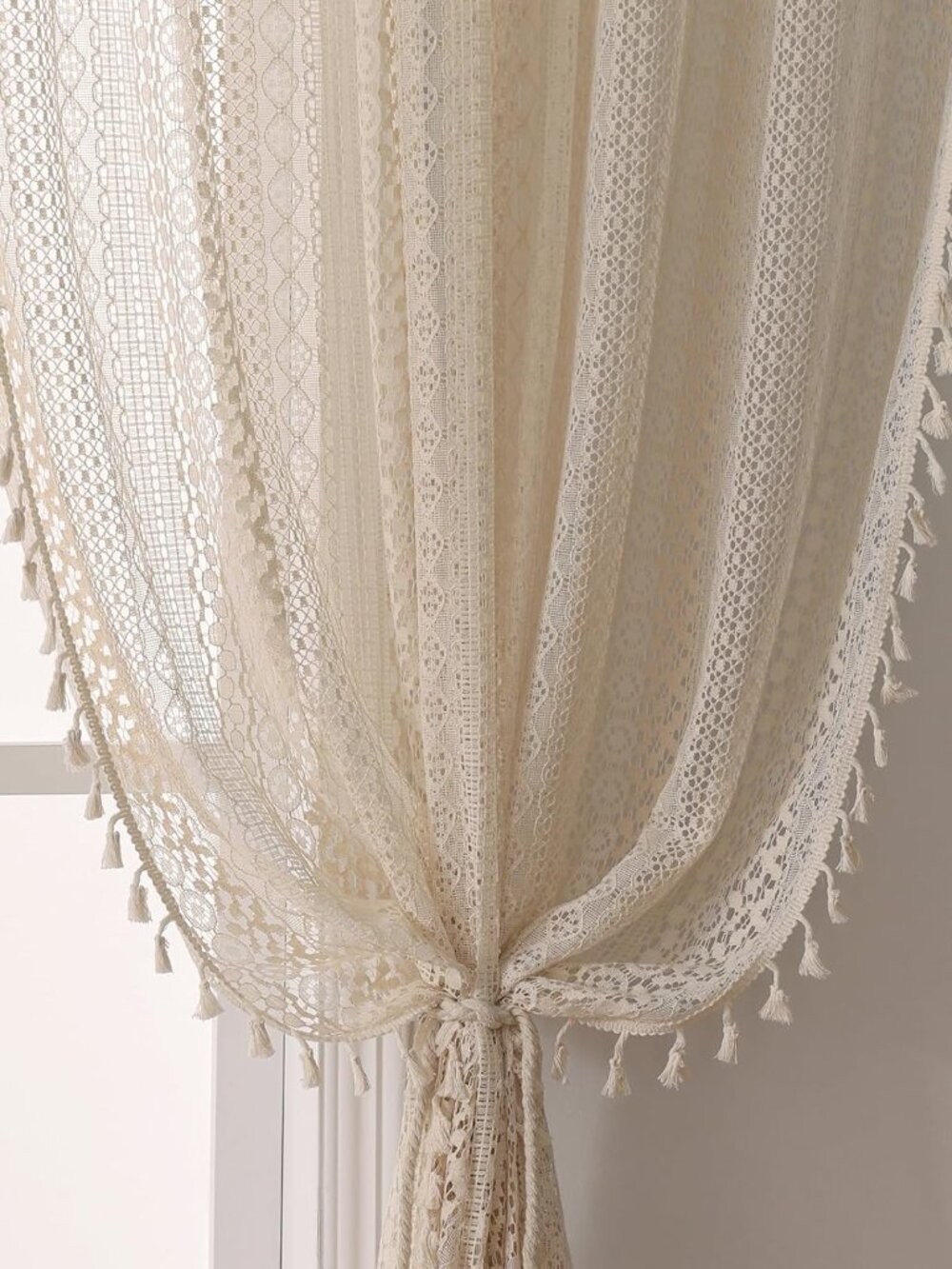 Boho Lace Curtains 63 Inches 2 Panel,Light Filtering Privacy Tassel & Geometry C